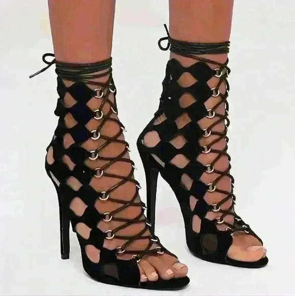 Pretty little Thing Chey Black Geometric Cut Out Lace Up Black Suede Heels - Picture 3 of 4